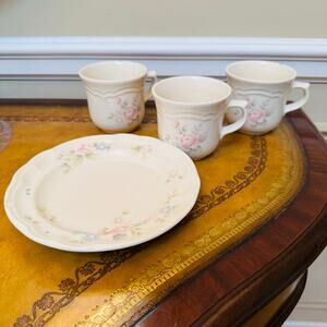 Pfaltzgraff Tea Rose Stoneware 3 cups mugs & 1 salad plate